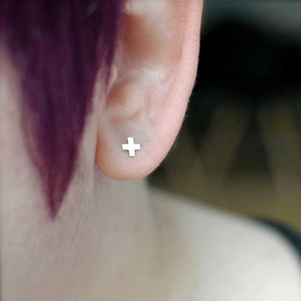 Mirror Polished 14k Gold Plated Stainless Steel Tiny Women Cross Stud Earrings For Gift - Image 2