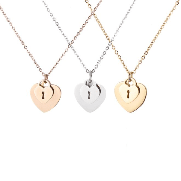 Stainless Steel Concentric Lock Love Key Heart Lock Necklace For Love Girls Gift - Image 6