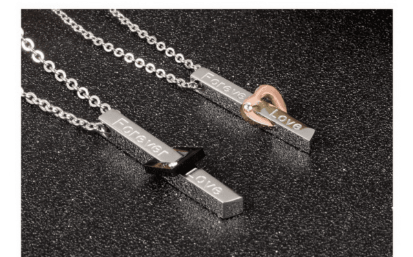 Stainless Steel Forever Love Long Bar Heart Shape Pendant Couple Necklace For Gift - Imagen 3