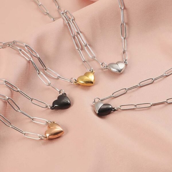 New Design 18k Gold Plated Stainless Steel Magnet Lovers Heart Trendy Pendant Necklace with Paper Clip Chain