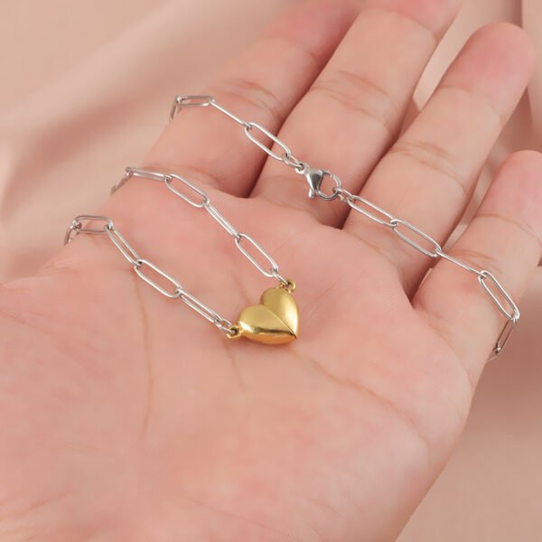 New Design 18k Gold Plated Stainless Steel Magnet Lovers Heart Trendy Pendant Necklace with Paper Clip Chain - Image 3