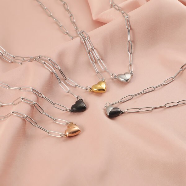 New Design 18k Gold Plated Stainless Steel Magnet Lovers Heart Trendy Pendant Necklace with Paper Clip Chain - Image 5