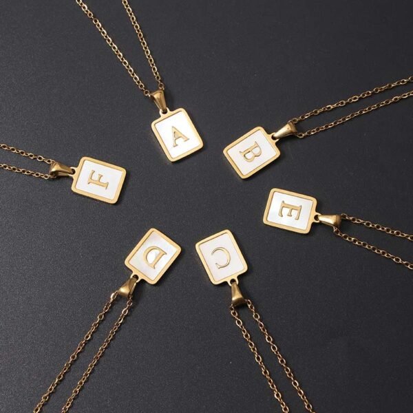 18K Gold Plated Stainless Steel Mirror Polished Shell Initial Letter Square Pendant Necklace