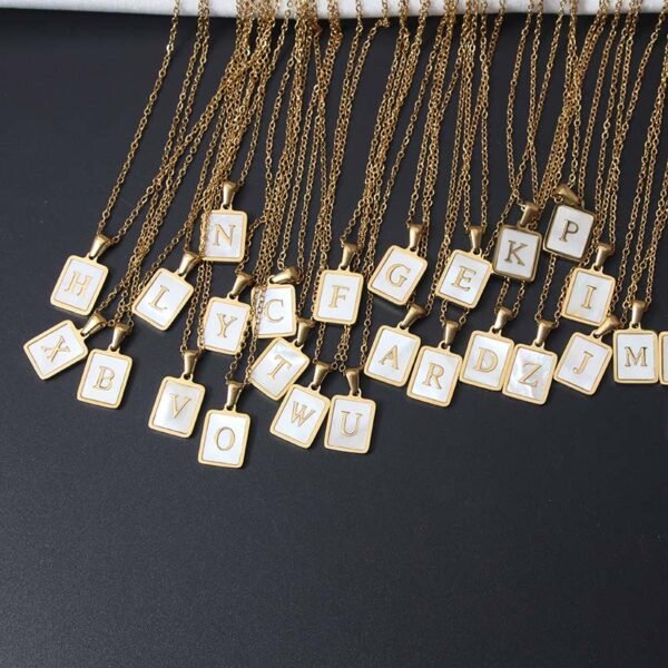 18K Gold Plated Stainless Steel Mirror Polished Shell Initial Letter Square Pendant Necklace - Image 2