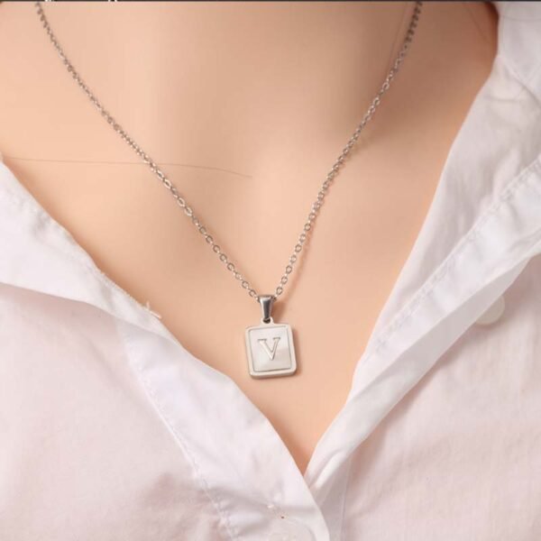 18K Gold Plated Stainless Steel Mirror Polished Shell Initial Letter Square Pendant Necklace - Image 3