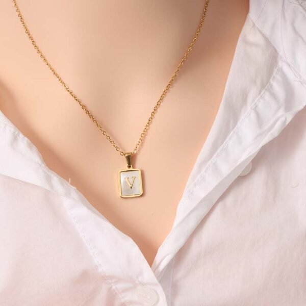 18K Gold Plated Stainless Steel Mirror Polished Shell Initial Letter Square Pendant Necklace - Image 6