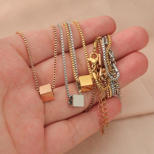 New Custom Fashion Stainless Steel Gold Small Square Box Chain Choker Necklace - Image 5