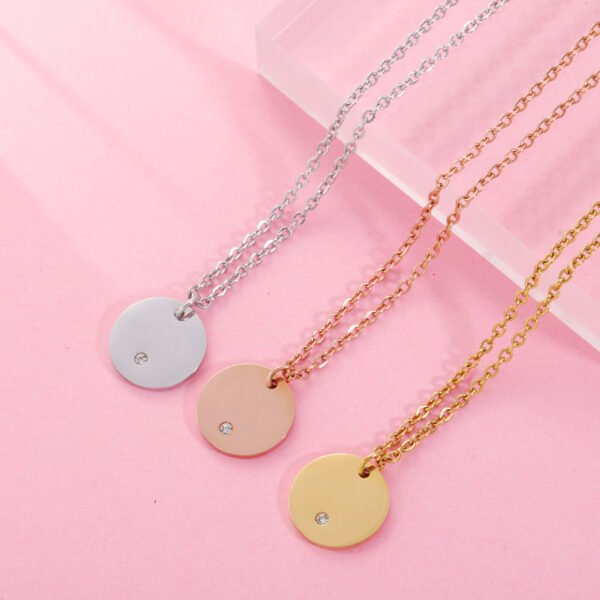 Custom Logo Mirror Polished Women Chunky Stainless Steel Round Charm Rhinestone Silver Necklace - Image 2