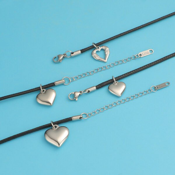 Newest Black Wax Rope Chain Stainless Steel Heart Pendant Necklace 3D Steel Heart Pendant Necklace for Women - Image 6
