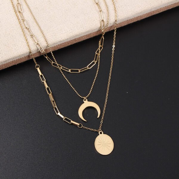 14K Gold Plated Stainless Steel 3 Layered Hypoallergenic Moon Necklace for Women