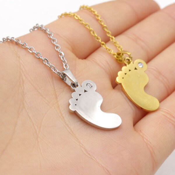 Stainless Steel Mirror Polished 18inch Chain DIY Women Baby Initial Jewelry Gift Rhinestone Baby Feet Pendant Necklace - Imagen 4