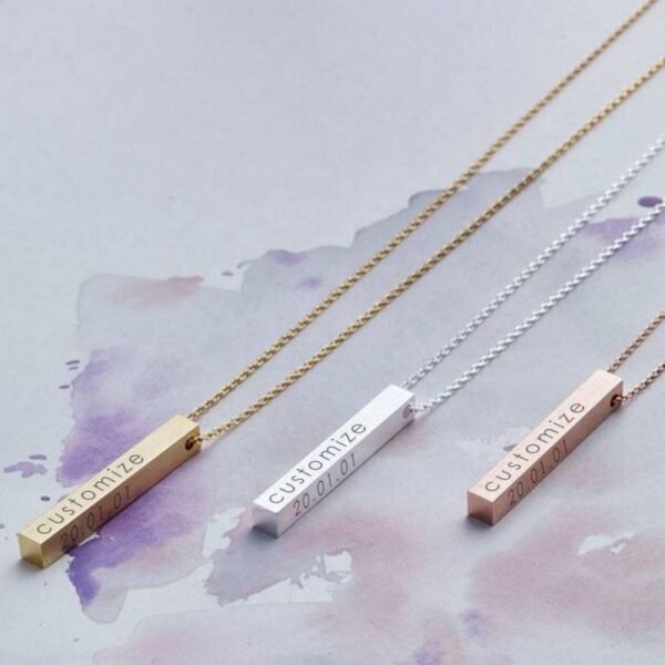 Custom Stainless Steel Bar Necklace Pendant Engraved Logo Square Strip 3D Gold Plated Vertical Personalized Necklace - Image 2