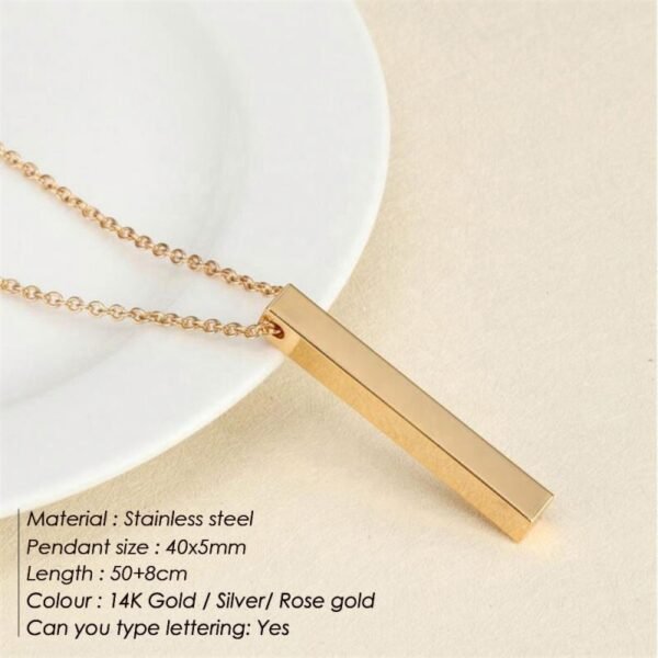 Custom Stainless Steel Bar Necklace Pendant Engraved Logo Square Strip 3D Gold Plated Vertical Personalized Necklace - Image 3