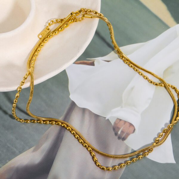 Wholesale Stainless Steel Two Layers Beaded Necklaces Snake Chain 18K Gold Plated Chain Necklace - Image 4