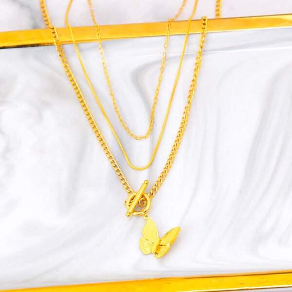 New Layered Texture Butterfly Necklaces Stackable Stainless Steel Multilayers Butterfly Pendant Necklace for Women - صورة 5