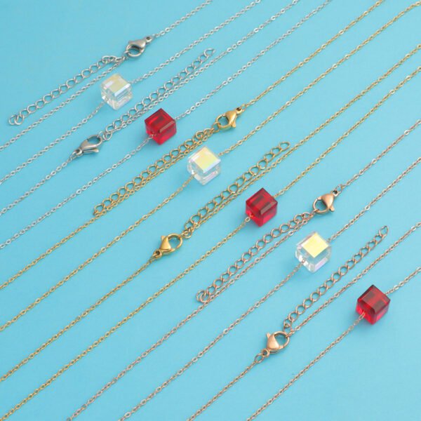 Daily Simple Stainless Steel Clavicle Chain Necklace Ins Style Square Cube Crystal Pendants For Necklaces for Women Girls - صورة 3