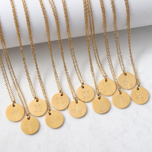 Wholesale Birth Flower Necklace 18K Gold Plated Design Style Women Drop Chain Engraved Disc Custom Name Necklace Pendant - صورة 2