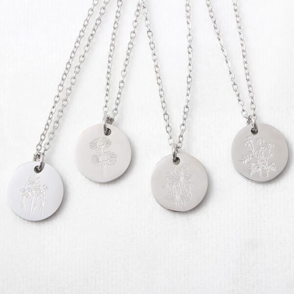 Wholesale Birth Flower Necklace 18K Gold Plated Design Style Women Drop Chain Engraved Disc Custom Name Necklace Pendant - صورة 4