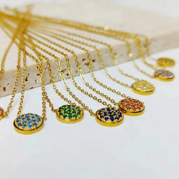 Non Tarnish Bling Bling Crystal Rhinestone Necklace Titanium Stainless Steel CZ Zircon Round Birthstone Pendant Necklace - صورة 6