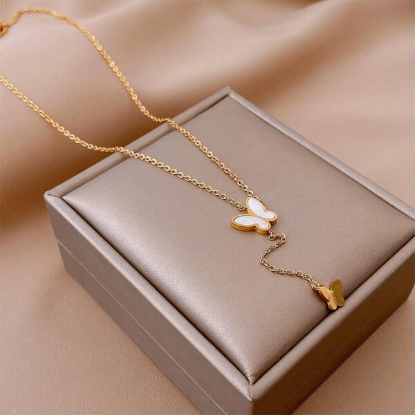 18K Gold Plated Stainless Steel Chain Double Butterfly Shell Pendant Necklace for Women Jewelry