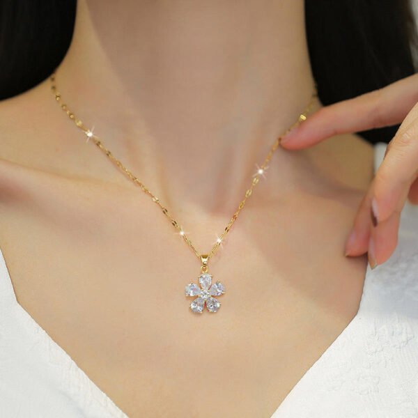 Fashion Women Jewelry Stainless Steel Chain Crystal Flower Pendant Necklace - Image 2