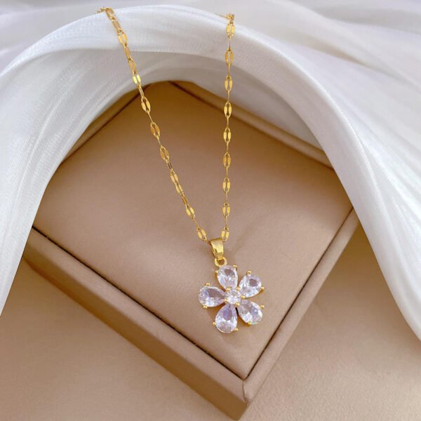 Fashion Women Jewelry Stainless Steel Chain Crystal Flower Pendant Necklace - Image 3