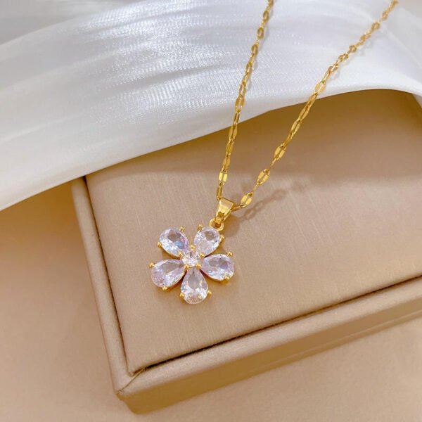 Fashion Women Jewelry Stainless Steel Chain Crystal Flower Pendant Necklace - Image 4