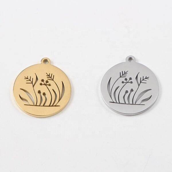 18mm Pendants Stainless Steel Mirror Polished Hollow Flowers and Plants Round Charms