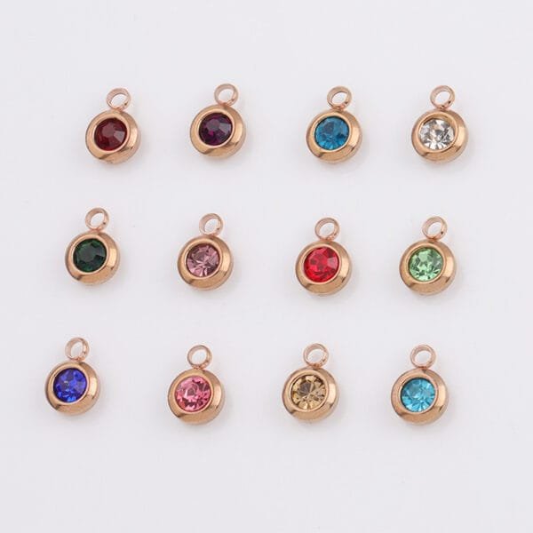 6.5mm Stainless Steel Rhinestones Rose Gold 12 Birthstone Pendants Charms for DIY Jewelry Making