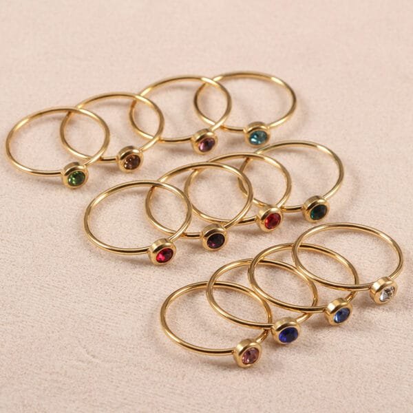 Trendy 12 Birthstone Rings 18K Gold Plated Stainless Steel Jewelry Women Micro Zircon Ring