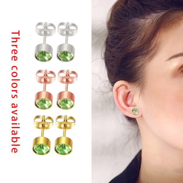 New Design Gold Plated Trendy Stainless Steel Women Kid Girl Zircons Birthstone Earrings