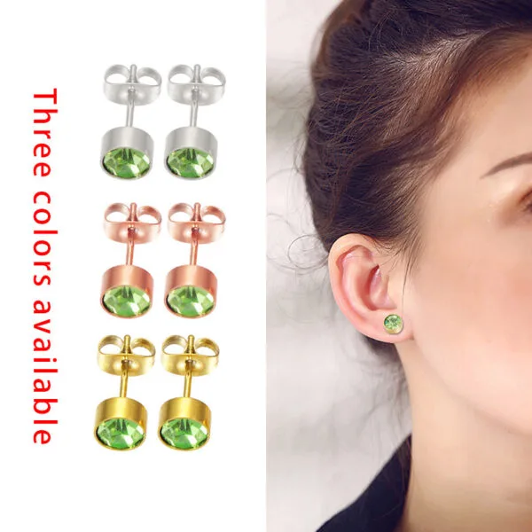 New Design Gold Plated Trendy Stainless Steel Women Kid Girl Zircons Birthstone Earrings