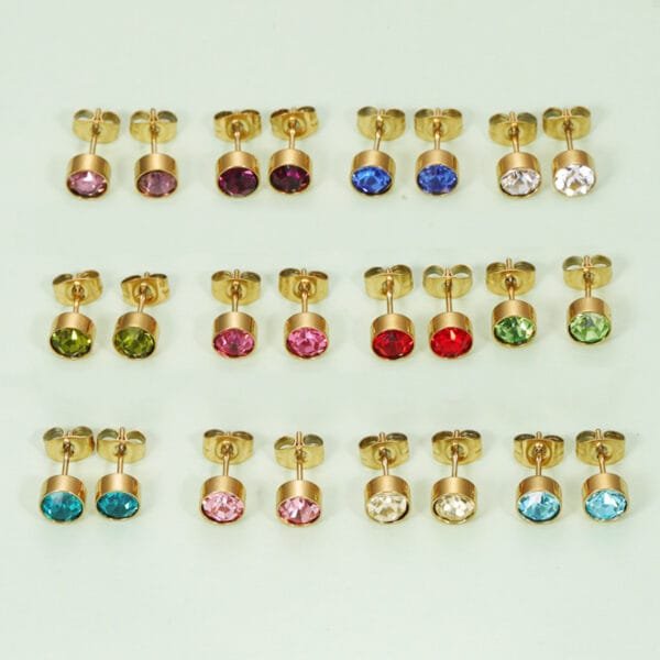 New Design Gold Plated Trendy Stainless Steel Women Kid Girl Zircons Birthstone Earrings - Image 2