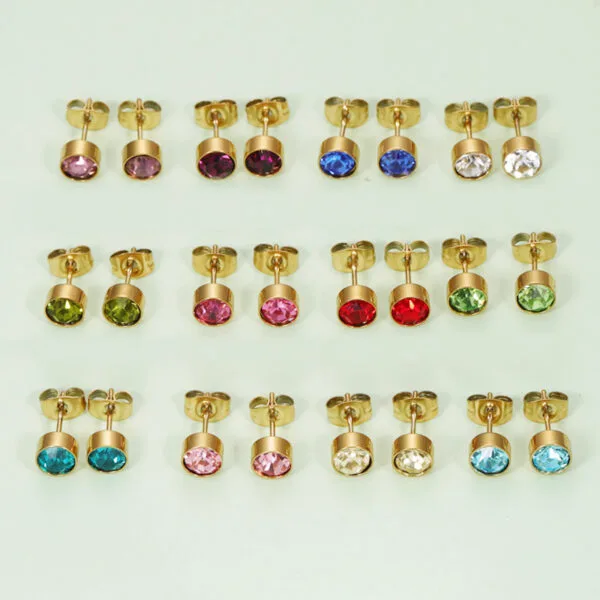 New Design Gold Plated Trendy Stainless Steel Women Kid Girl Zircons Birthstone Earrings - Image 2