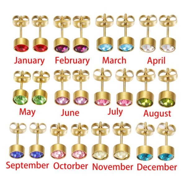 New Design Gold Plated Trendy Stainless Steel Women Kid Girl Zircons Birthstone Earrings - Image 3