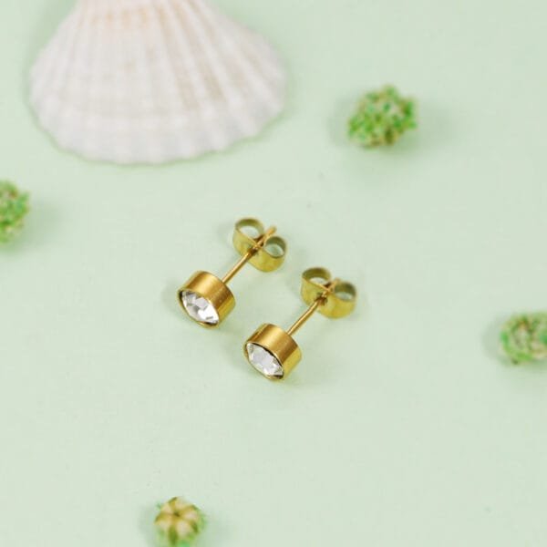 New Design Gold Plated Trendy Stainless Steel Women Kid Girl Zircons Birthstone Earrings - Image 4