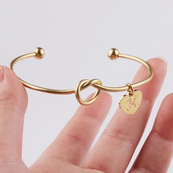 Initial Letter Charms Engraved Words Stainless Steel Jewelry Knot Bangle Bracelet - Image 4