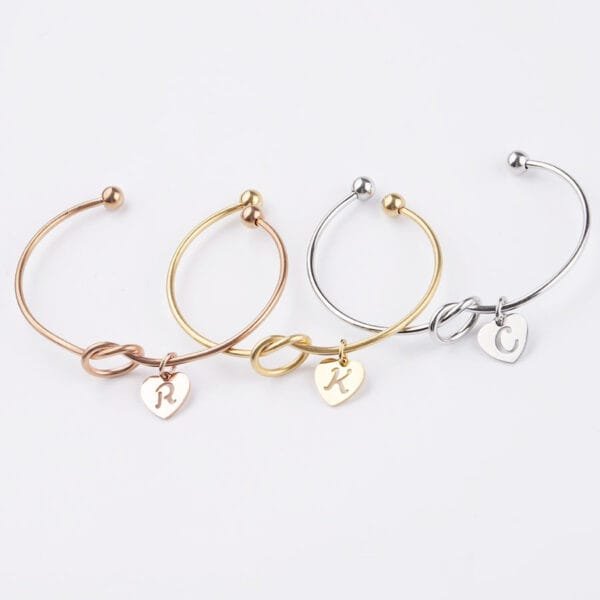 Initial Letter Charms Engraved Words Stainless Steel Jewelry Knot Bangle Bracelet - Image 5