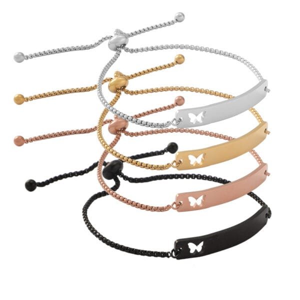 Elegant New Stainless Steel Women 18K Gold Plated Logo Engraved Bracelets Adjusted Hollow Butterfly Bend Bar Charm