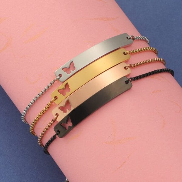 Elegant New Stainless Steel Women 18K Gold Plated Logo Engraved Bracelets Adjusted Hollow Butterfly Bend Bar Charm - Image 3