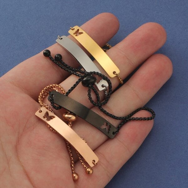 Elegant New Stainless Steel Women 18K Gold Plated Logo Engraved Bracelets Adjusted Hollow Butterfly Bend Bar Charm - Image 5