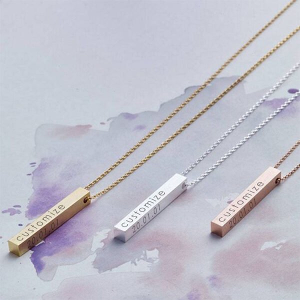 Custom Stainless Steel Bar Necklace Pendant Engraved Logo Square Strip 3D Gold Plated Vertical Personalized Necklace
